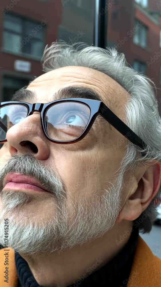 Elderly man gazing upwards while standing on a city street, reflecting on life and experiences Elderly man gazing upwards while standing on a city street, reflecting on life and experiences