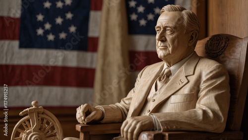 A serene wooden carving of Franklin D. Roosevelt, depicted in a wheelchair with a calm expression, surrounded by carved American flags, the White House, and symbols of leadership.