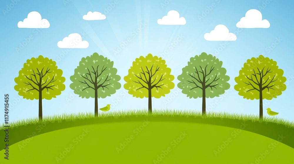 Fototapeta premium Five stylized trees on a verdant hill under a sunny sky