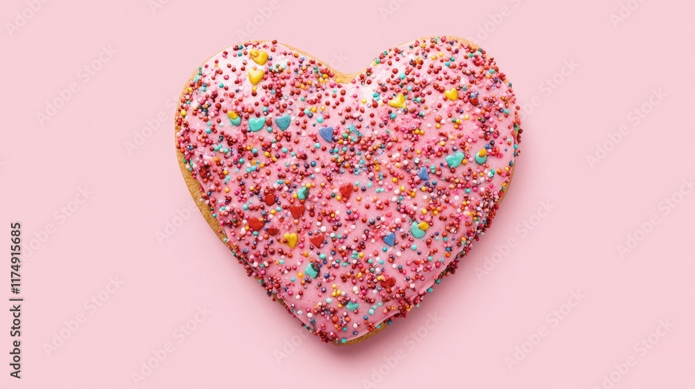 A Valentines-themed heart cookie in pink icing, sprinkled with vibrant colors, isolated on a soft pink background. A Valentines-themed heart cookie in pink icing, sprinkled with vibrant colors, isolated on a soft pink background.