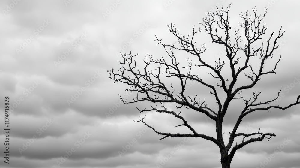 Fototapeta premium Upward view of a dead tree, black and white background, copy space