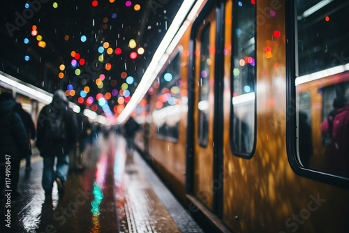 In enchanting realm of a rain-soaked train station, symphony of raindrops orchestrates a mesmerizing dance, as trains materialize and vanish, leaving behind an ethereal aura of anticipation and motion photo