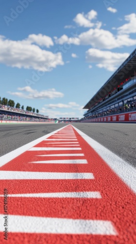 A vibrant image of a Formula One racing track with a clear blue sky. The red and white striped starting line draws the viewer's eye towards the track.