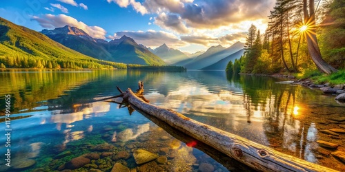 Majestic Fallen Log Leading to Lake McDonald, Glacier National Park - Scenic Landscape Photography photo