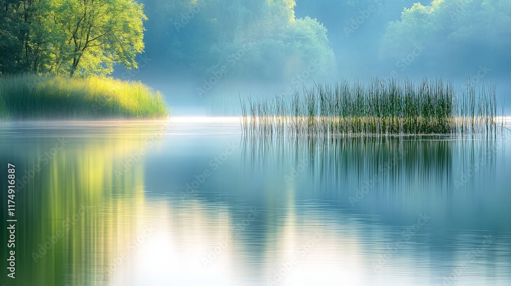 Fototapeta premium A serene lake scene with misty reflections, surrounded by lush greenery and gentle reeds, creating a tranquil and picturesque natural landscape.