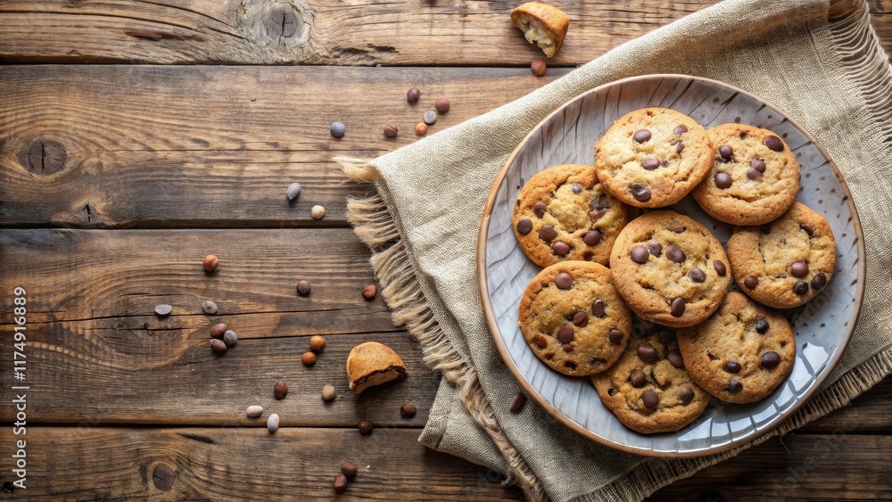 A plate of freshly baked chocolate chip cookies sits on a rustic wooden table, surrounded by scattered chocolate chips and a broken muffin, creating a tempting scene of sweet treats. A plate of freshly baked chocolate chip cookies sits on a rustic wooden table, surrounded by scattered chocolate chips and a broken muffin, creating a tempting scene of sweet treats.