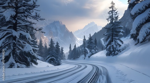 twisty road covered with snow photo