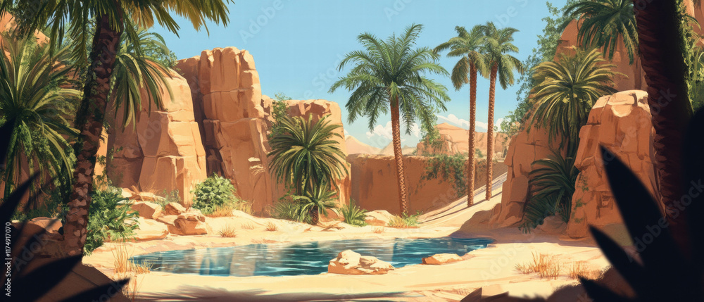Fototapeta premium Vibrant desert oasis with lush palm trees and a serene pool of water under a clear blue sky