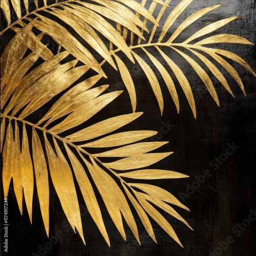 Gold palm leaves on black background; elegant, tropical, artistic image.