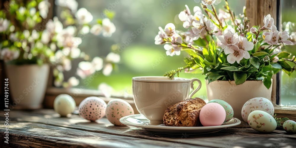 Fototapeta premium Traditional Easter Table Setting A cozy composition of a traditional Easter breakfast with painted eggs, a sweet bread centerpiece, and pastel-colored decorations.