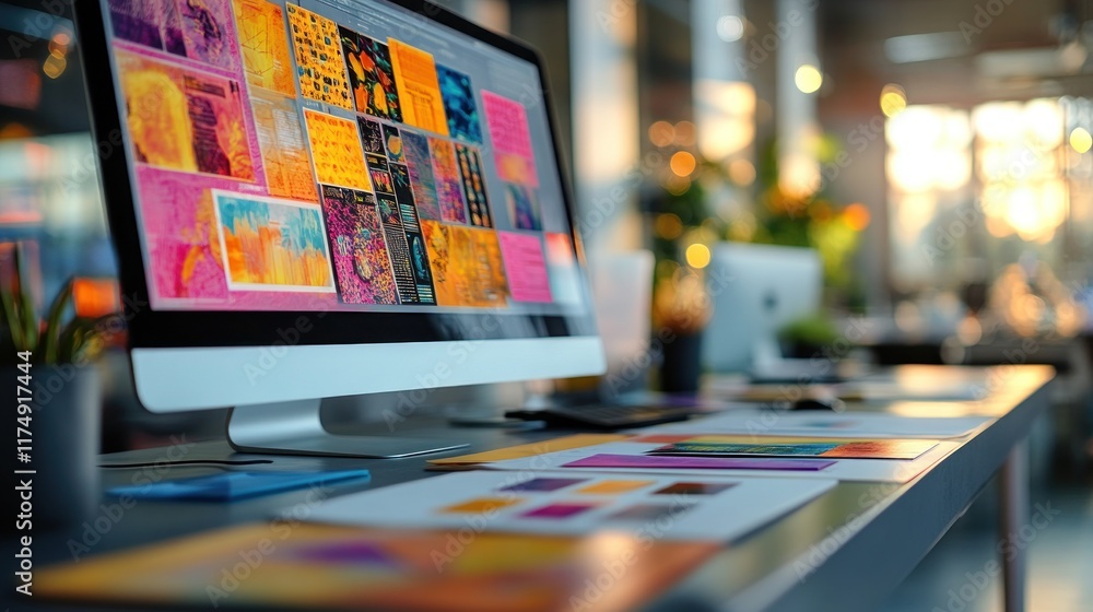 Designer's desk with vibrant color palettes on screen and papers. Designer's desk with vibrant color palettes on screen and papers.