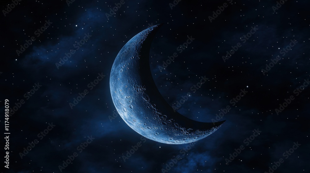 Fototapeta premium A crescent moon glows against a dark blue starry night sky. Ideal for space-themed designs, phone wallpapers, or as a mystical element.