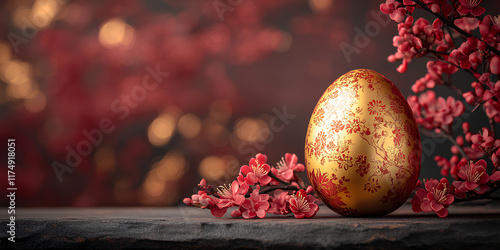 photo golden egg with a minimalist red ornamental chinese photo