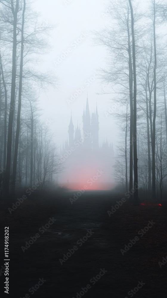 Fototapeta premium A spooky, foggy scene of a haunted castle emerging through misty woods at night, with a faint ominous red glow in the background.