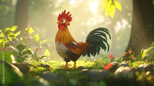 A beautiful rooster standing in a peaceful garden, its vivid plumage glowing in the soft light of early morning, surrounded by greenery