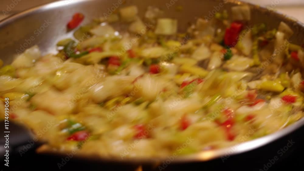 plan fixe, sur un remuage d'une poêlée de légumes variés, à l'aide d'une belle poêle inox de grande taille plan fixe, sur un remuage d'une poêlée de légumes variés, à l'aide d'une belle poêle inox de grande taille