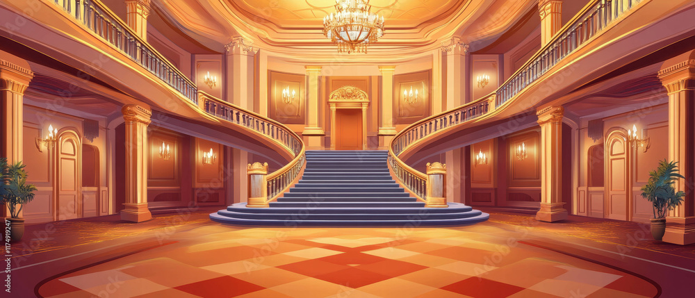 Obraz premium Grand theater foyer with elegant staircase and chandelier, perfect for events
