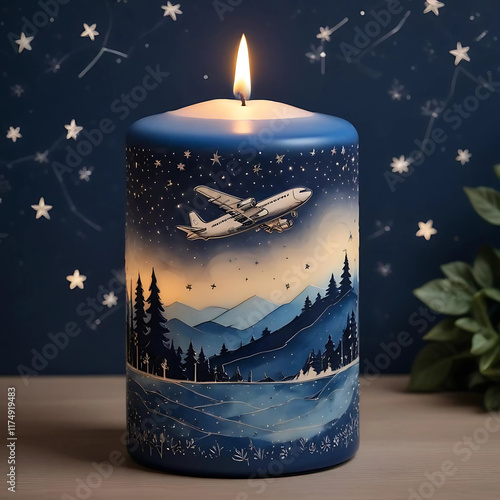 large candle with a 3D drawing of a airplane and night starry sky landscape