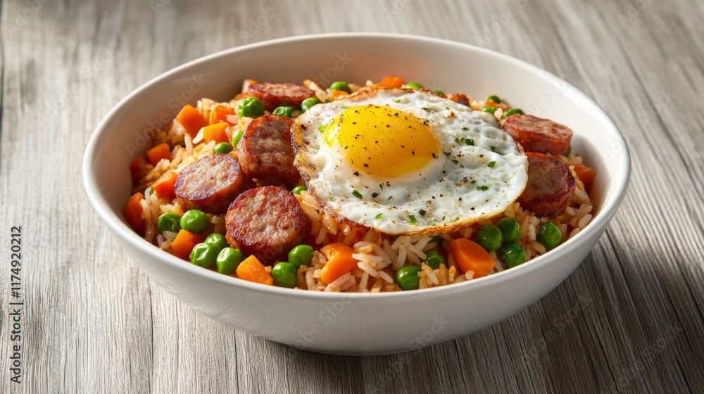 A bowl of flavorful American fried rice with sausage, peas, and carrots, topped with a fried egg, set on a simple wooden table with a clean, minimalist look A bowl of flavorful American fried rice with sausage, peas, and carrots, topped with a fried egg, set on a simple wooden table with a clean, minimalist look