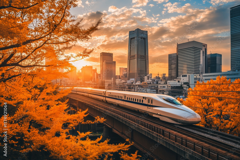 Naklejka premium A sleek bullet train traveling along an urban bridge with golden autumn trees below and the sun setting behind skyscrapers. 