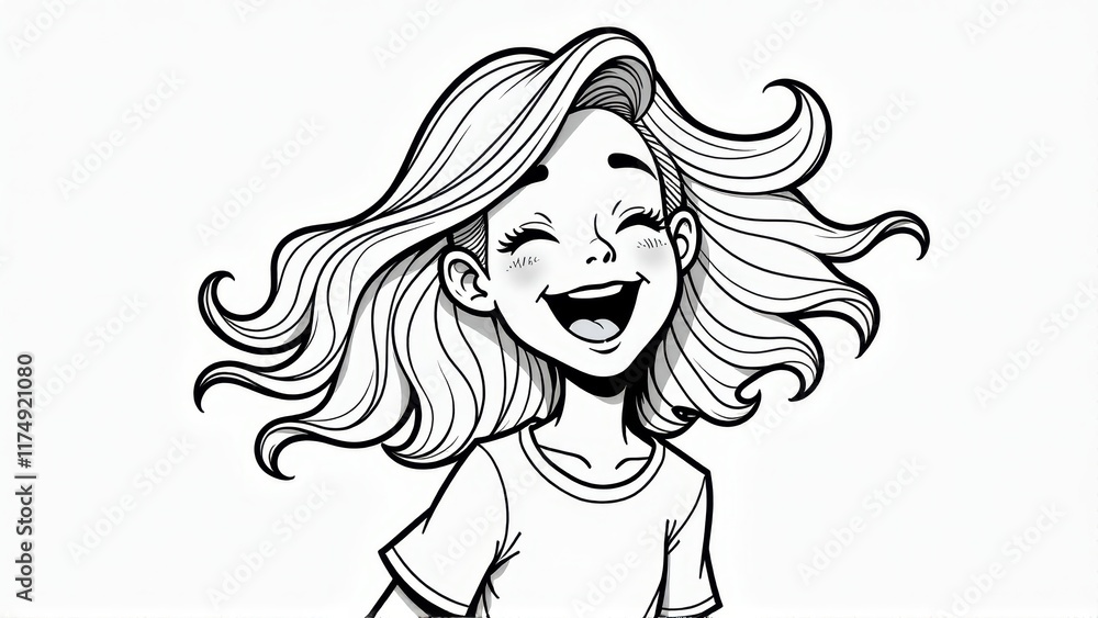 Obraz premium Joyful Girl with Flowing Hair, Coloring Page, Line Art Illustration, isolated white background, Coloring Page, Line Art Illustration, isolated white background