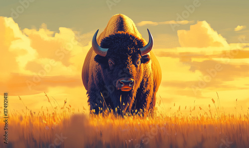 Bison in the yellow grass field photo