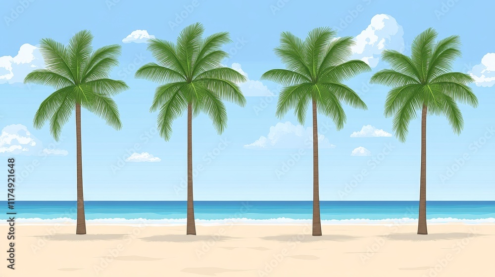 Fototapeta premium Four Palm Trees on a Tropical Beach Under a Sunny Sky