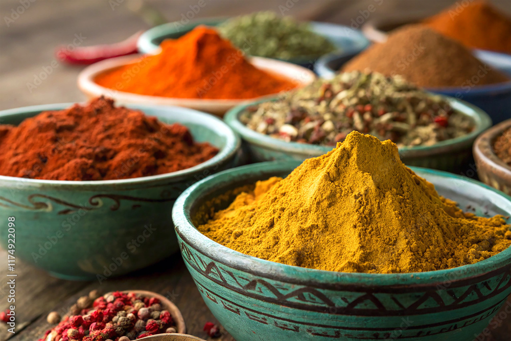 Close-up of colorful spices in bowls Close-up of colorful spices in bowls