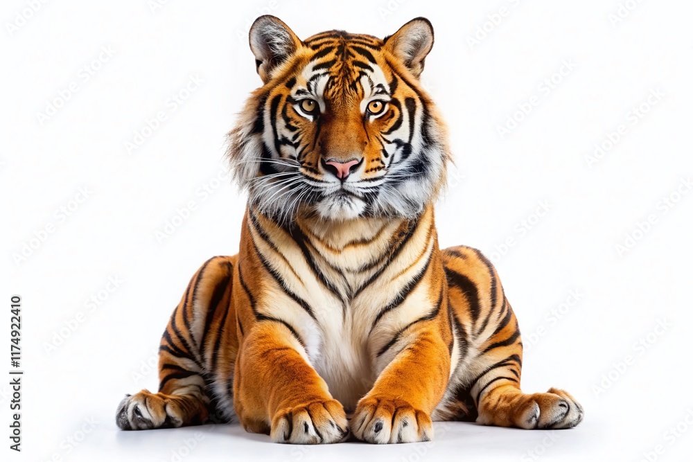 Fototapeta premium Majestic Tiger Portrait: Powerful Wild Cat Sitting Isolated on White Background