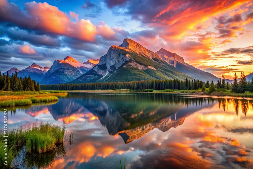 Fototapeta premium Majestic Vermilion Lakes Banff Mountain View - Breathtaking Sunrise Landscape