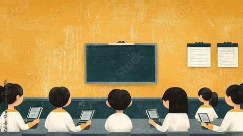A classroom scene featuring students engaged with tablets, facing a blackboard, against a warm yellow wall.