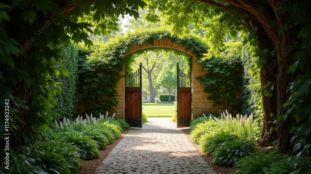 Serene Garden Pathway Leading through Lush Green Archway Serene Garden Pathway Leading through Lush Green Archway
