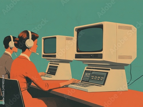 A retro illustration featuring two individuals working at vintage computers, wearing headsets, set against a solid teal background.