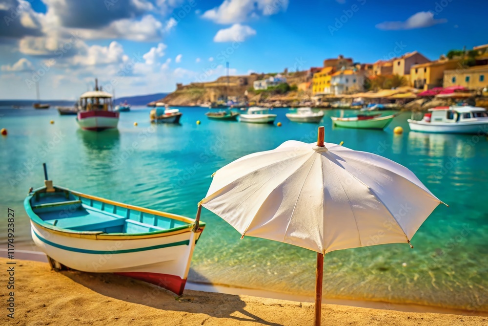 Obraz premium Marsaxlokk Malta Beach: White Umbrella, Sea, Boats - High-Resolution Stock Photo