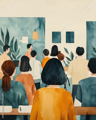 A group of people attentively listening to a speaker in a cozy, artistic environment with plants and modern decor.