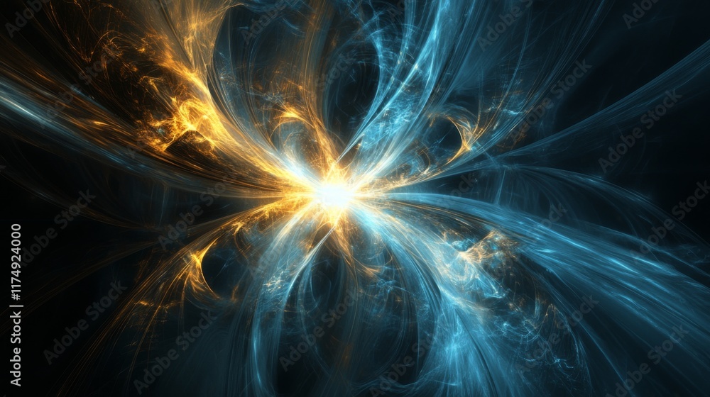 A burst of light emanating from a central point in space, radiating outward in all directions with light trails, representing the concept of light speed A burst of light emanating from a central point in space, radiating outward in all directions with light trails, representing the concept of light speed