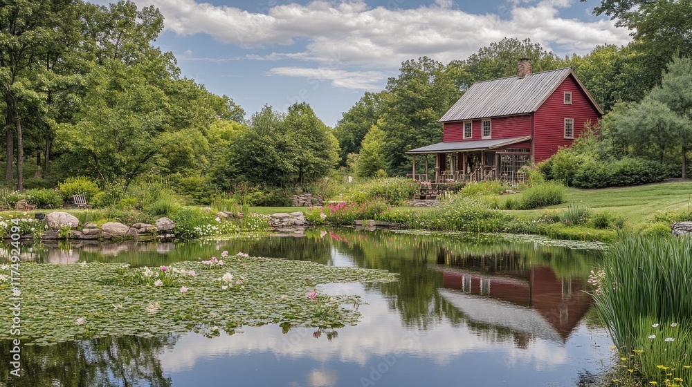 Fototapeta premium Red Farmhouse Reflected in a Tranquil Pond