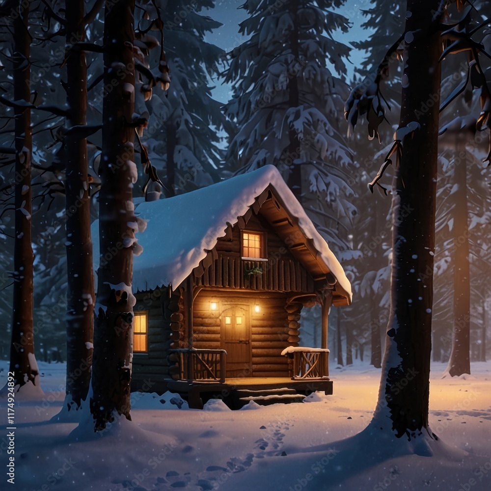 Cozy Winter Cabin in Snowy Forest at Night Cozy Winter Cabin in Snowy Forest at Night