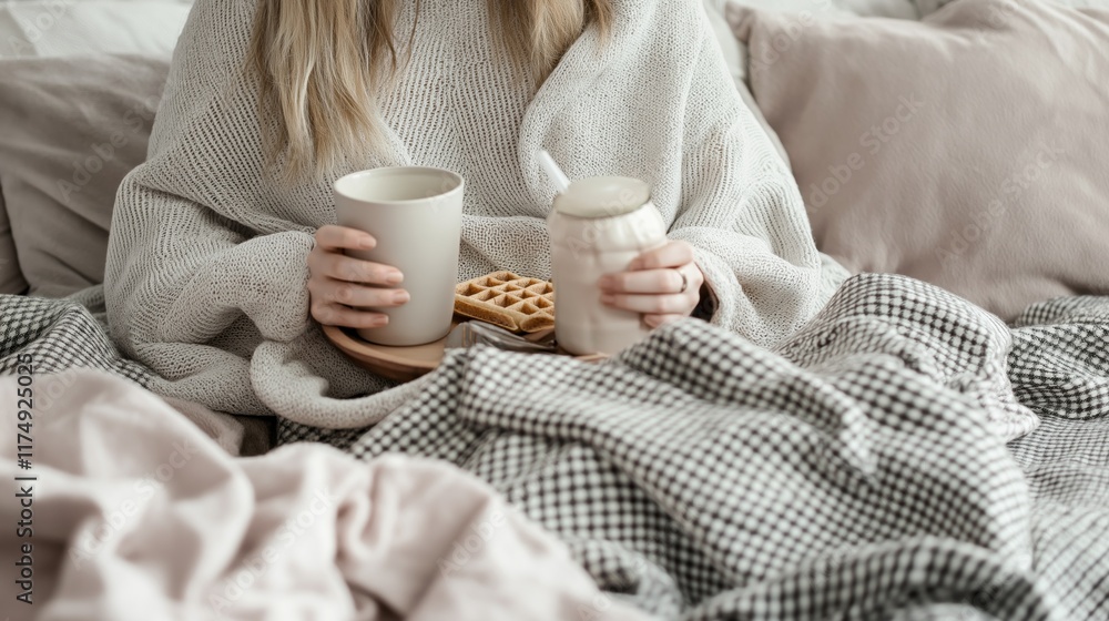 Embracing a tranquil morning, a young woman enjoys golden waffles paired with steaming drinks, wrapped in a soft blanket, creating a perfect moment of comfort and indulgence Embracing a tranquil morning, a young woman enjoys golden waffles paired with steaming drinks, wrapped in a soft blanket, creating a perfect moment of comfort and indulgence