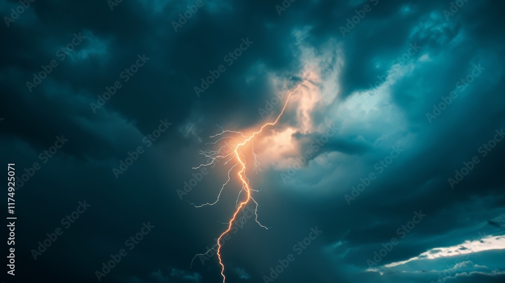 Fototapeta premium A lightning bolt illuminates the horizon, with its bright flash momentarily piercing through thick storm clouds and creating a dramatic scene. Close-up photo with clean background