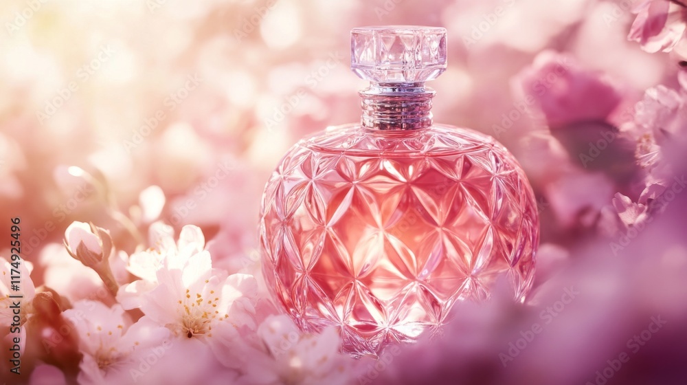 A classic perfume bottle with a delicate stopper, surrounded by elegant soft lighting and a blurred floral backdrop, creating a luxurious ambiance A classic perfume bottle with a delicate stopper, surrounded by elegant soft lighting and a blurred floral backdrop, creating a luxurious ambiance