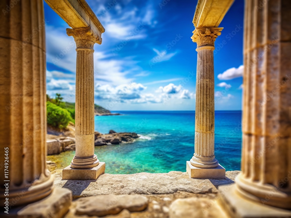 Fototapeta premium Miniature Beachscape: Ancient Columns Framing Coastal View - Copy Space