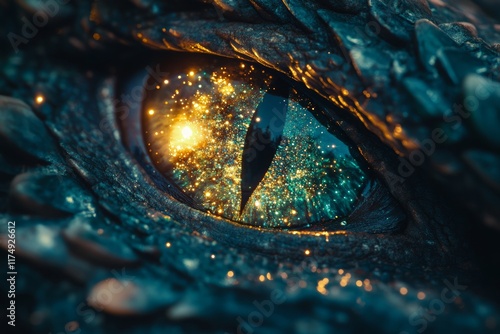 Close up of a glowing green dragon s eye with starry nebula in iris in dark fantasy art style photo