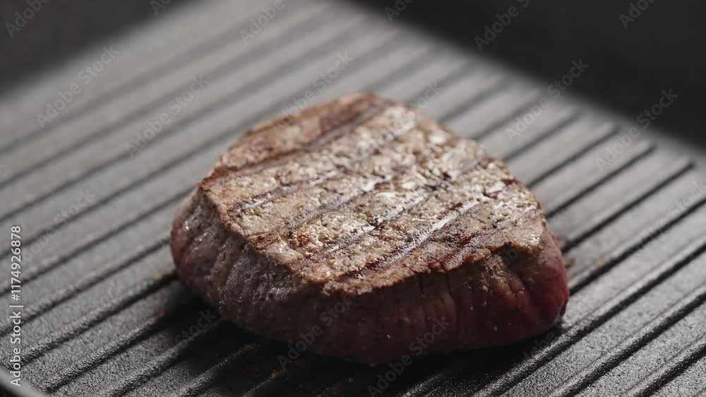 Slow motion handheld shot of beef steak cooking on iron grill pan Slow motion handheld shot of beef steak cooking on iron grill pan