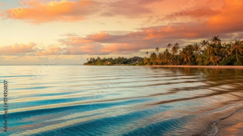 Calm tropical sea with small waves at sunrise or sunset, palm trees along the shore, and soft sand