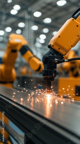 A yellow robotic arm performs welding in an industrial setting, with sparks flying, showcasing automation and precision in modern engineering. photo