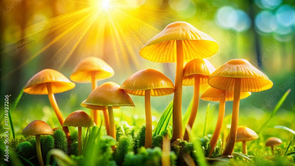 Fototapeta premium Miniature Citrine Waxcap Mushrooms in Lush Green Grass - Tilt-Shift Photography