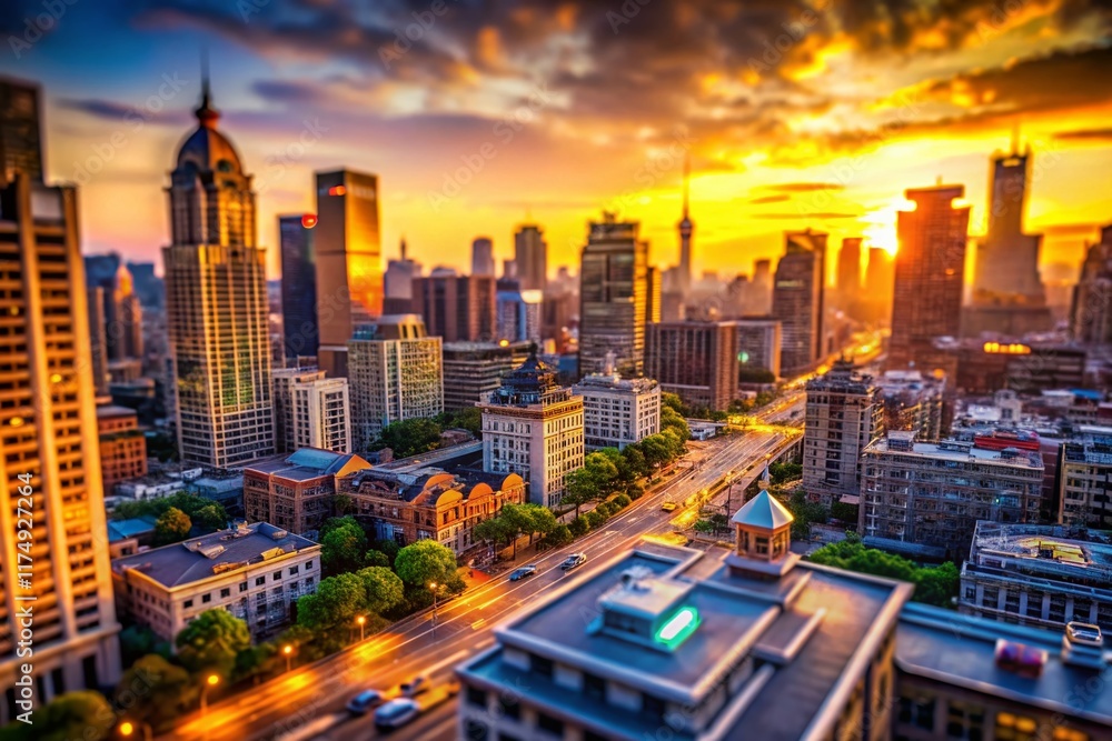 Fototapeta premium Miniature Cityscape: Tilt-Shift Urban Scene at Sunset