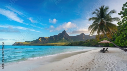 Panoramic tropical beach scene with a couple sitting under an umbrella surrounded by palm trees