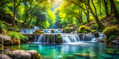 Miniature Forest Waterfall: Wild River Cascade Amongst Lush Trees and Rocks